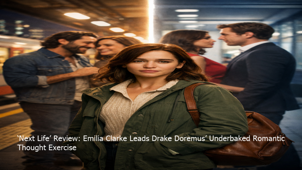 Next Life review – AI-generated promotional illustration featuring Emilia Clarke on a London train platform with split-screen alternate realities, created by Microsoft Copilot.
